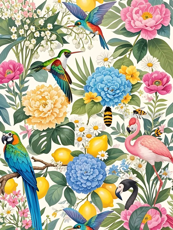 热带花卉与鸟类图案