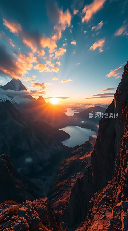 日出时分的壮丽山脉与湖泊景观