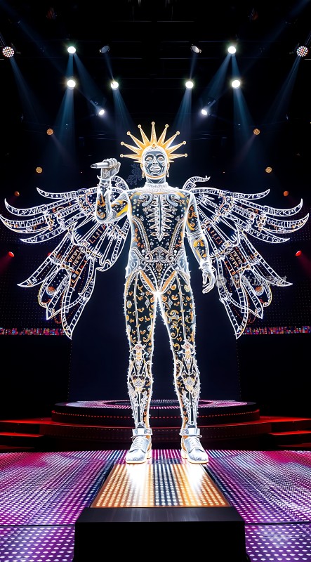 舞台上的炫目表演者翅膀与头冠闪耀光芒