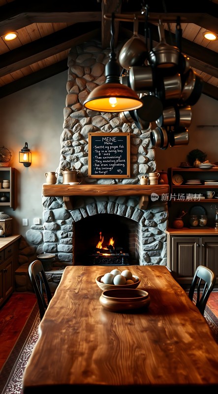 温馨壁炉餐厅木质餐桌与温暖灯光营造舒适氛围