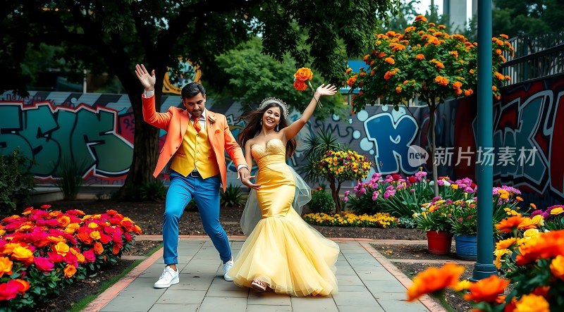 新婚夫妇在花园中欢快起舞