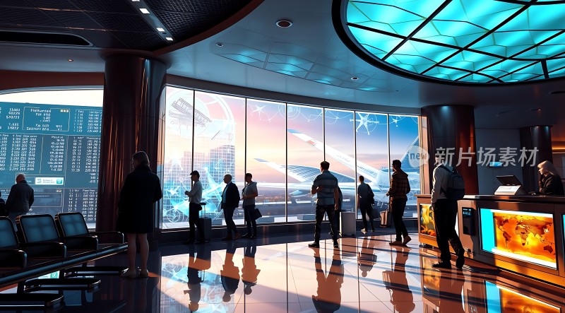 现代机场候机厅旅客排队等待登机