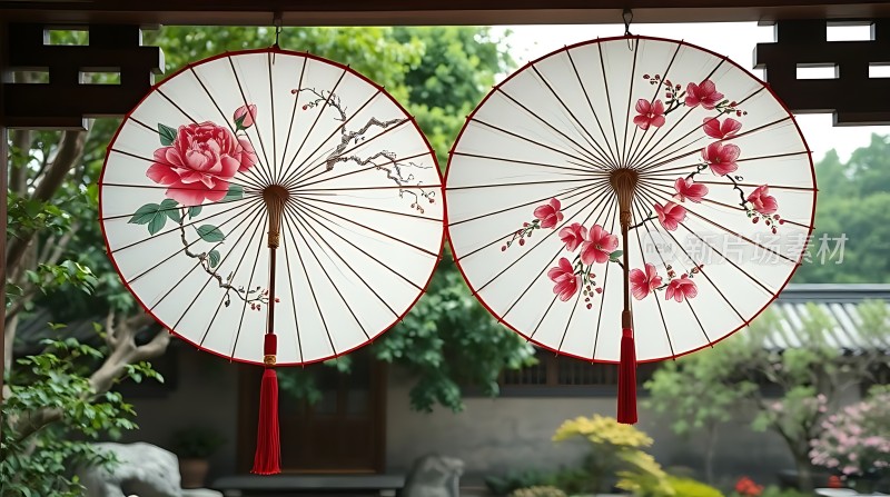 古典油纸伞下的静谧庭院