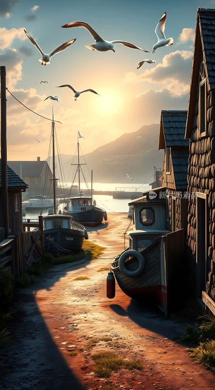日落渔港海鸥翱翔