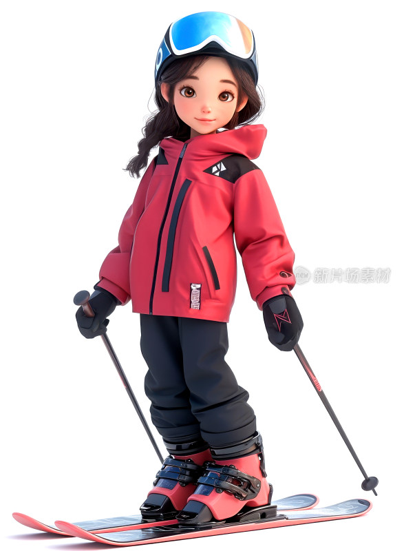 冬季雪地滑雪的男孩女孩3D卡通人物插画