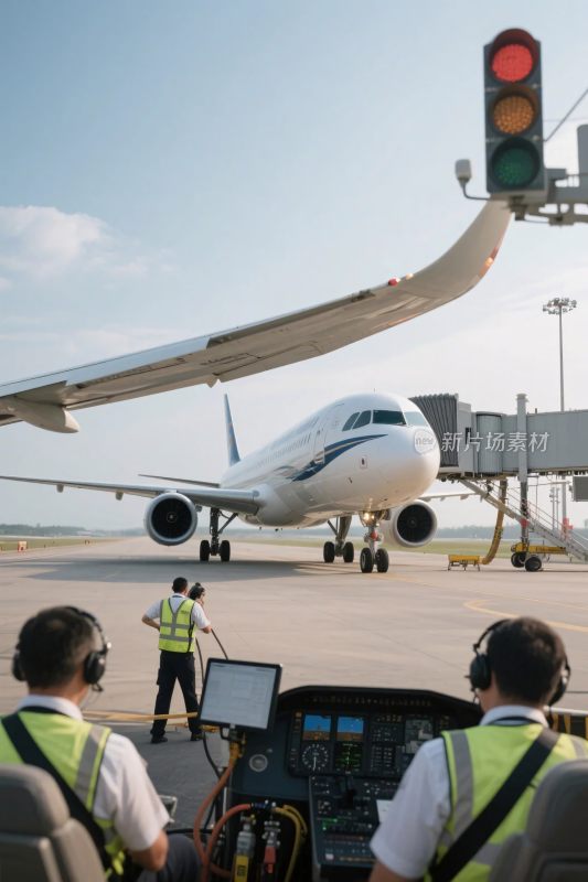 机场中飞机与工作人员场景