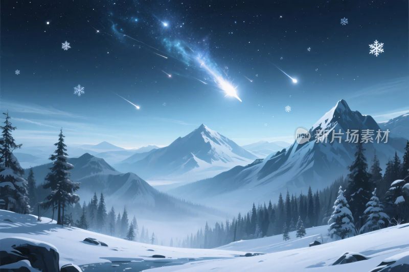 冬季雪山星空插画