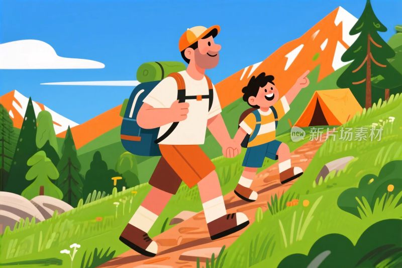 户外亲子徒步插画