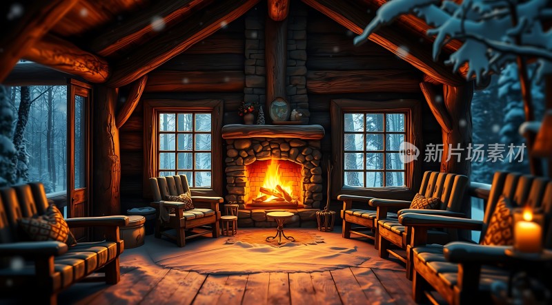 冬日暖炉小木屋