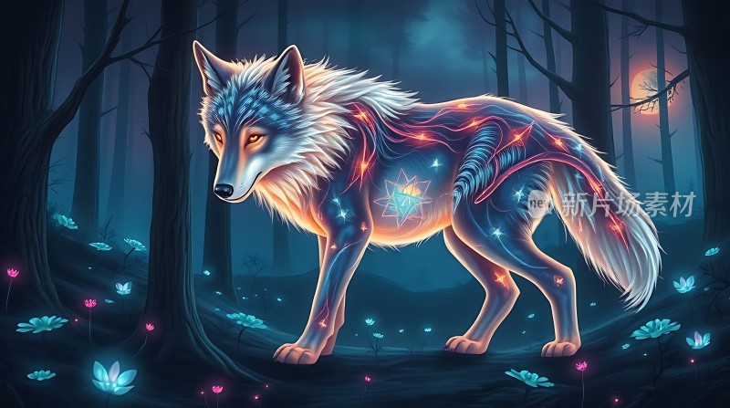 神秘森林中的荧光狼