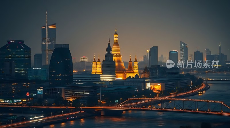 黄浦江畔灯火璀璨摩天大楼与古建筑交相辉映