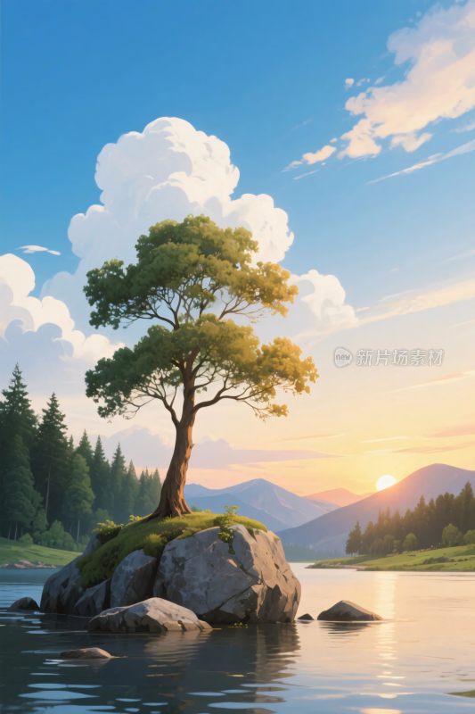 孤树岩石风景插画