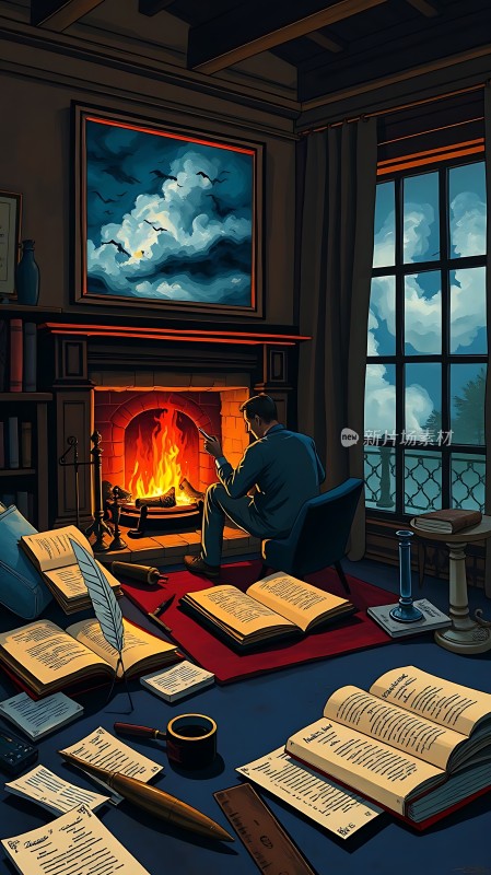 书房里的学者与壁炉