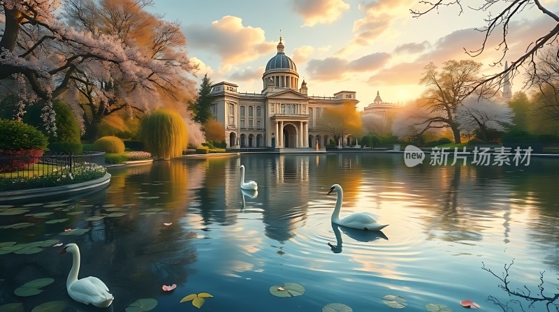 湖畔宫殿天鹅起舞春日美景