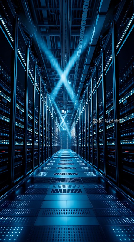 数据中心内部蓝色灯光下的服务器机架排列整齐科技感十足