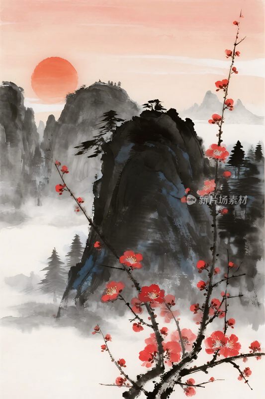 山水红梅水墨国画