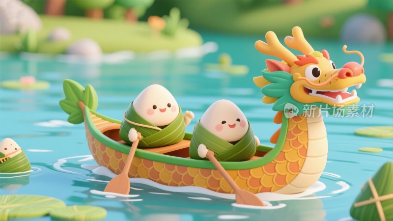 卡通Q版 传统节日端午节 粽子龙舟比赛