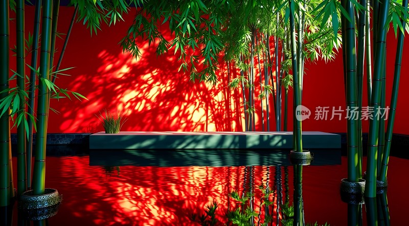 竹影婆娑映水间红墙绿意共舞动