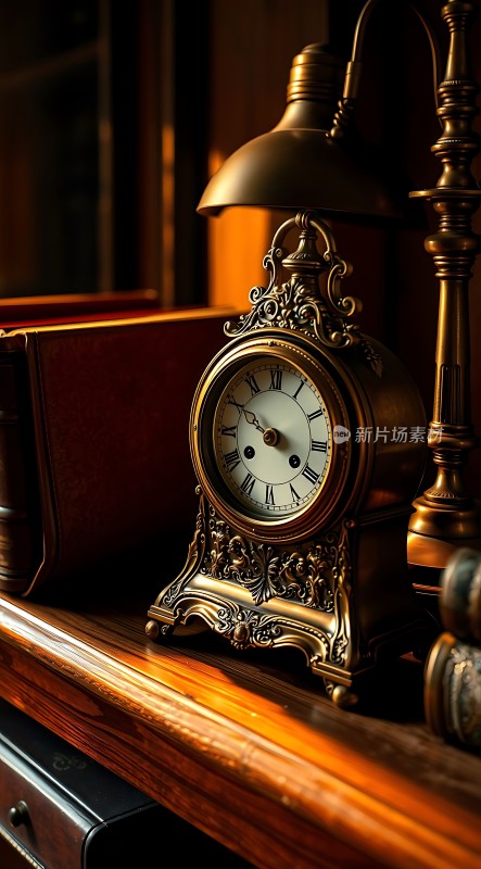 古铜色时钟与台灯