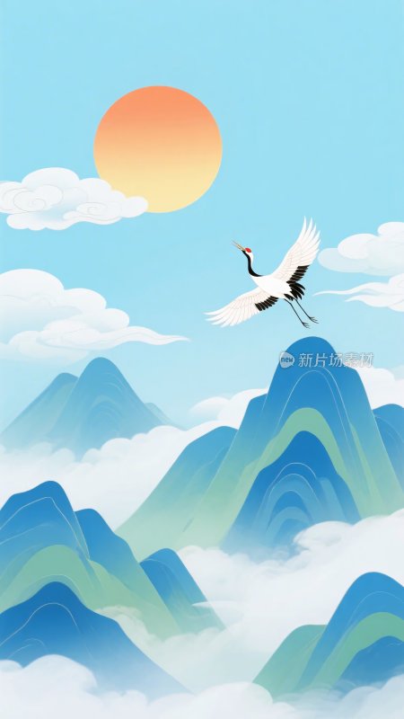 山水间双鹤伴日飞翔图景