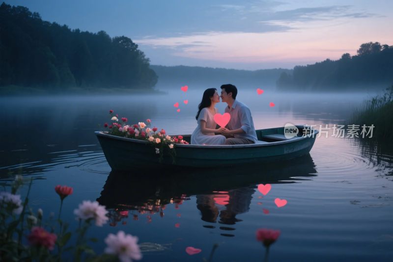 情侣泛舟湖面浪漫场景