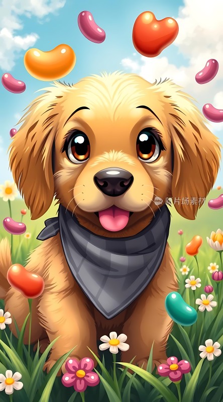 阳光下的可爱小狗与五彩糖果豆