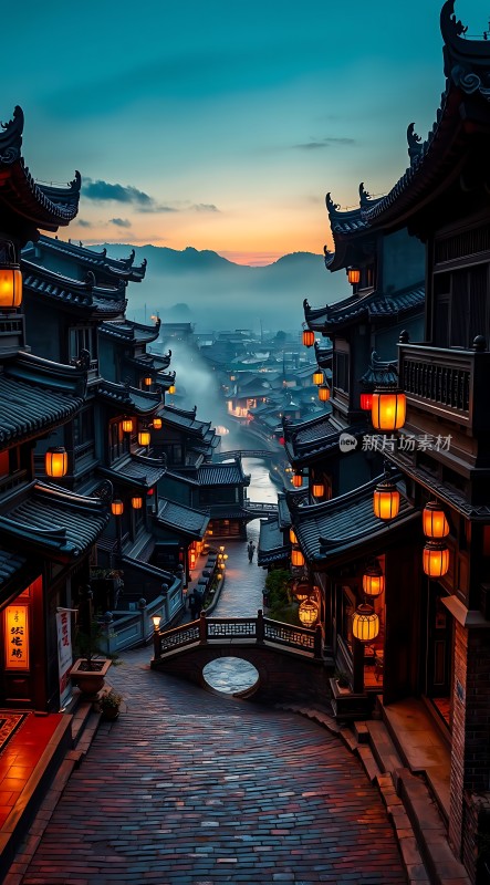 古街夜色灯火阑珊映山水