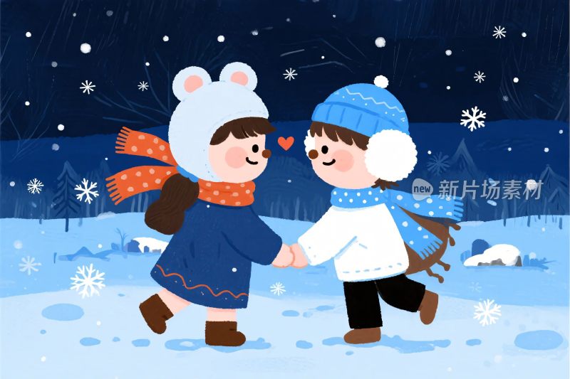 冬日卡通情侣雪景插画