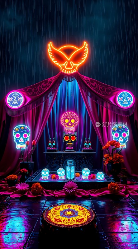 霓虹骷髅祭坛光影交错下的神秘仪式