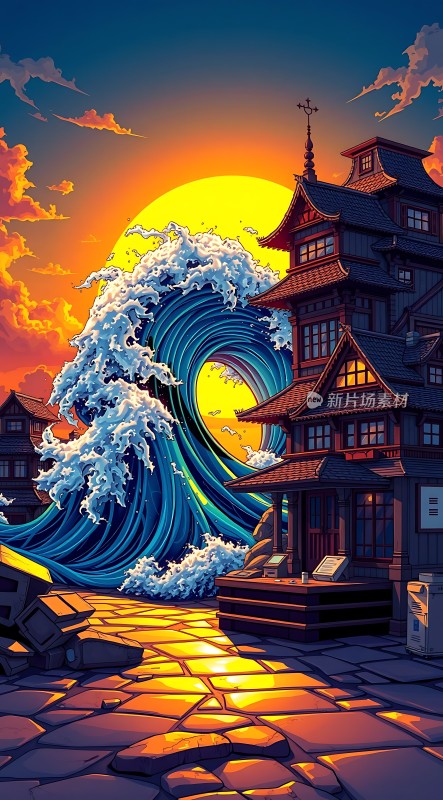 夕阳下的海浪与古建筑