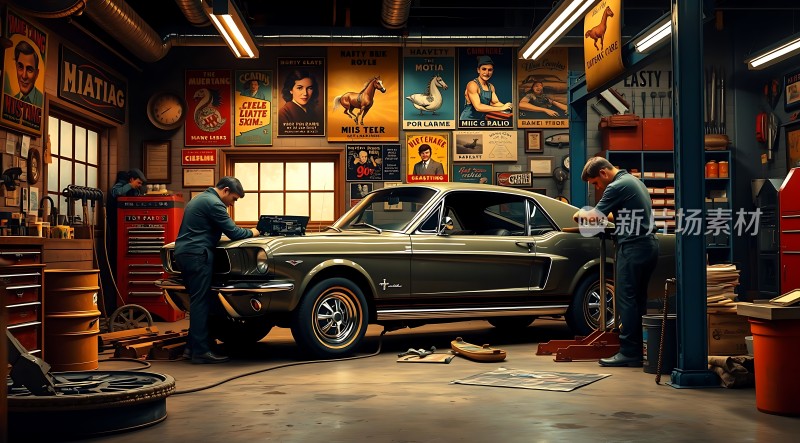经典汽车维修车间里的专注技师与复古车型