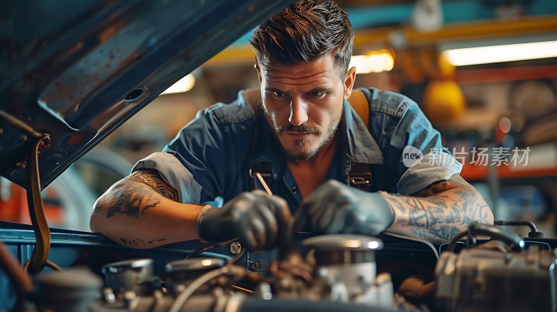 机械师专注检修汽车引擎