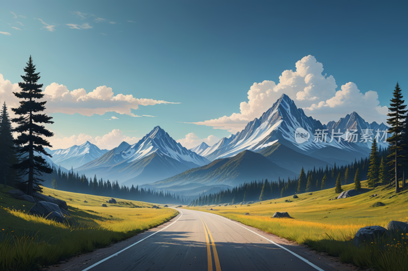 穿过山脉的道路的高清风景插画图片