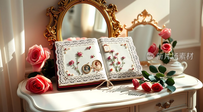 复古梳妆台上的玫瑰与相册