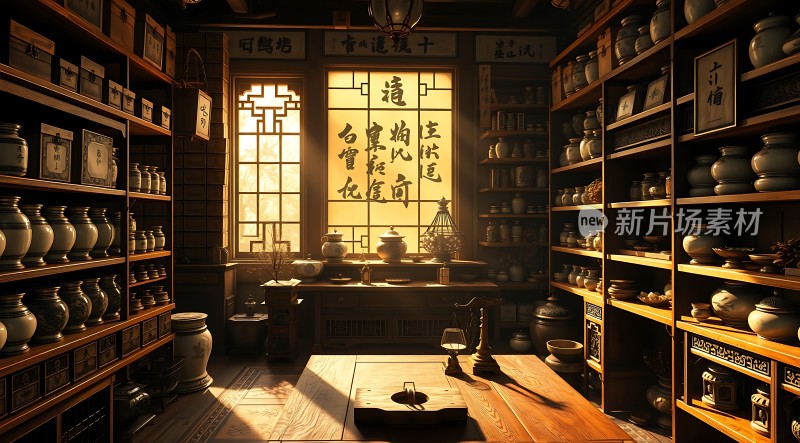 古风药铺中药罐与木制家具的结合