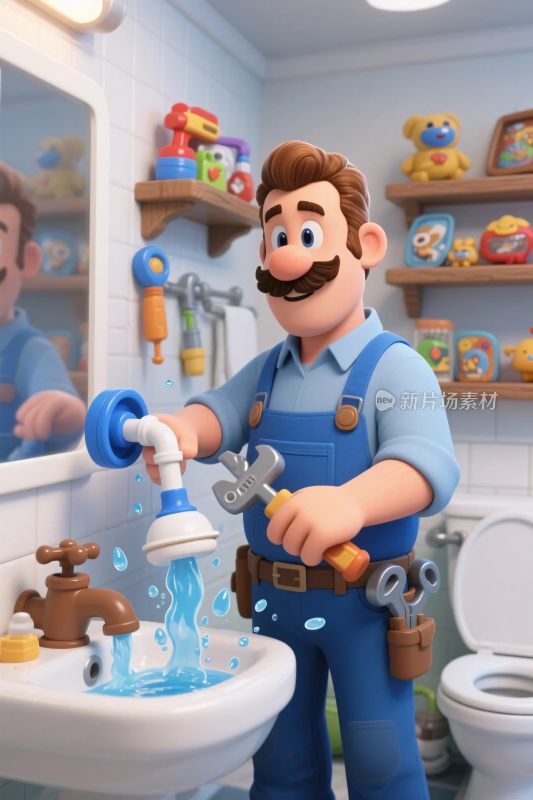 卡通修理工维修洗手池