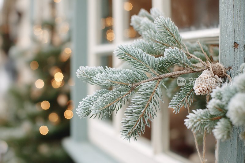 窗前松枝装饰的冬日景象