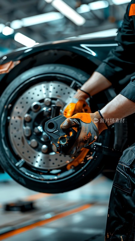 修车工人在车间里更换汽车轮胎