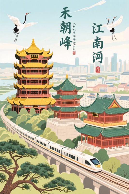 江南古建风景插画