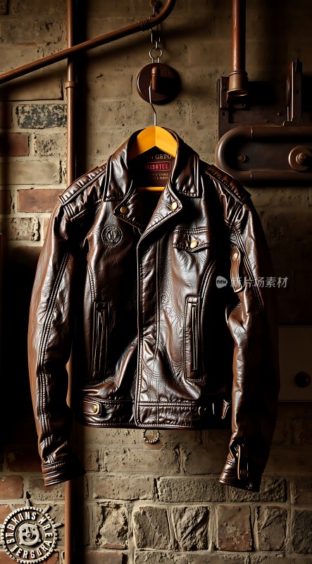 复古砖墙上的棕色皮夹克