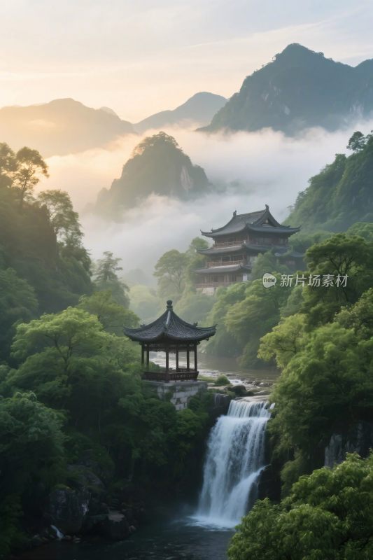 山水古亭云雾景观