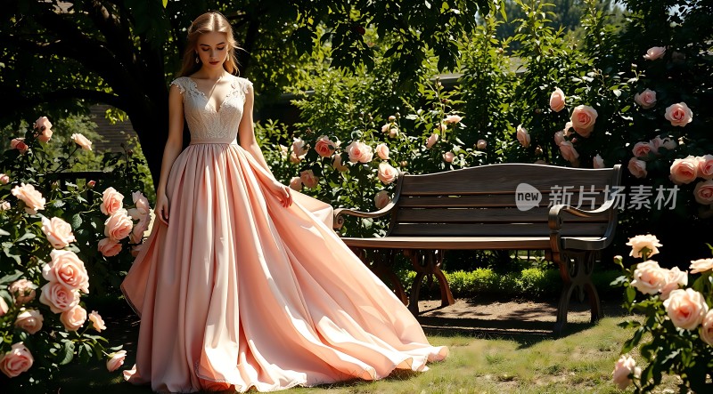 粉裙佳人玫瑰园中优雅绽放