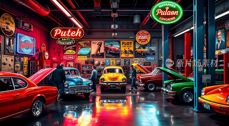 复古车库里的经典汽车与霓虹灯招牌