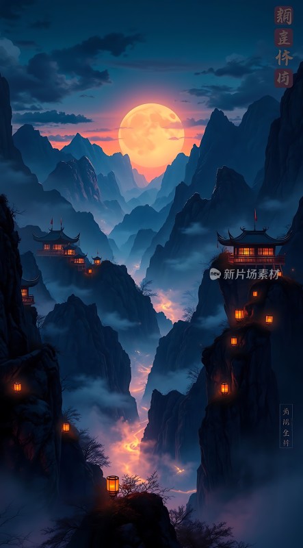 山峦叠翠映月辉古村灯火夜如昼
