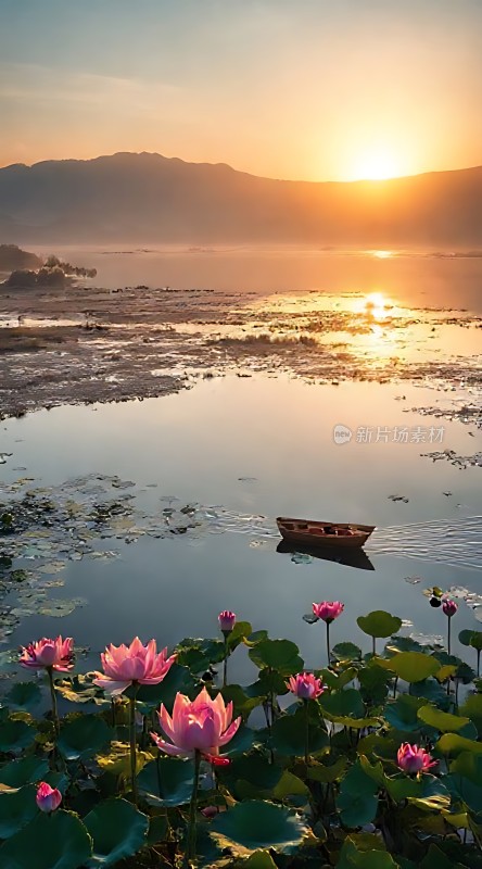 湖畔荷花映夕阳