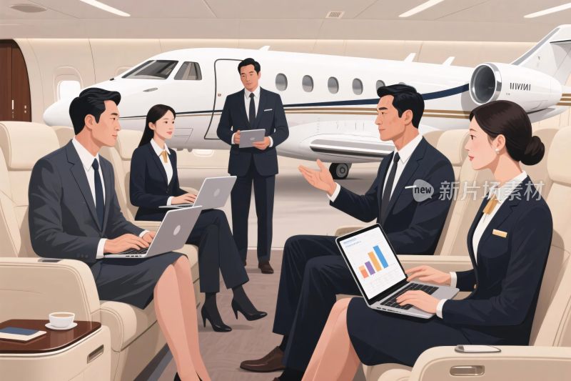 商务人士飞机洽谈场景