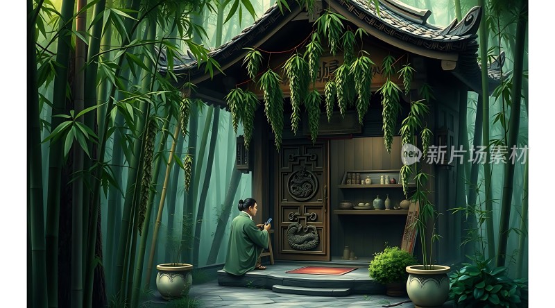 竹影婆娑下的古风茶馆