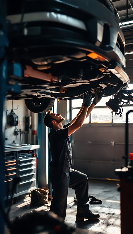 维修工人在车间内检查汽车底盘