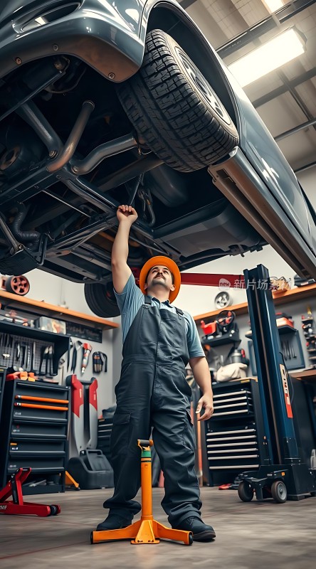 修车工人在车间内检查汽车底盘