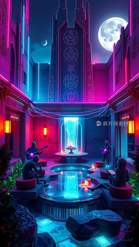 霓虹夜色下的神秘庭院